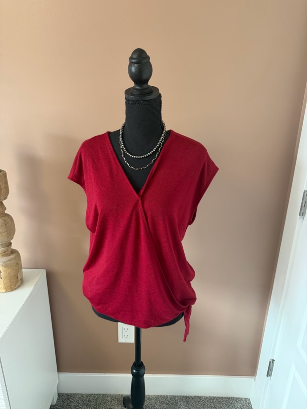 Banana Republic Red V-Neck Side-Tie Wrap Blouse.